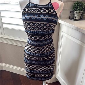 White House Black Market Stylish Black and Blue Patterned Dress, Size 4P